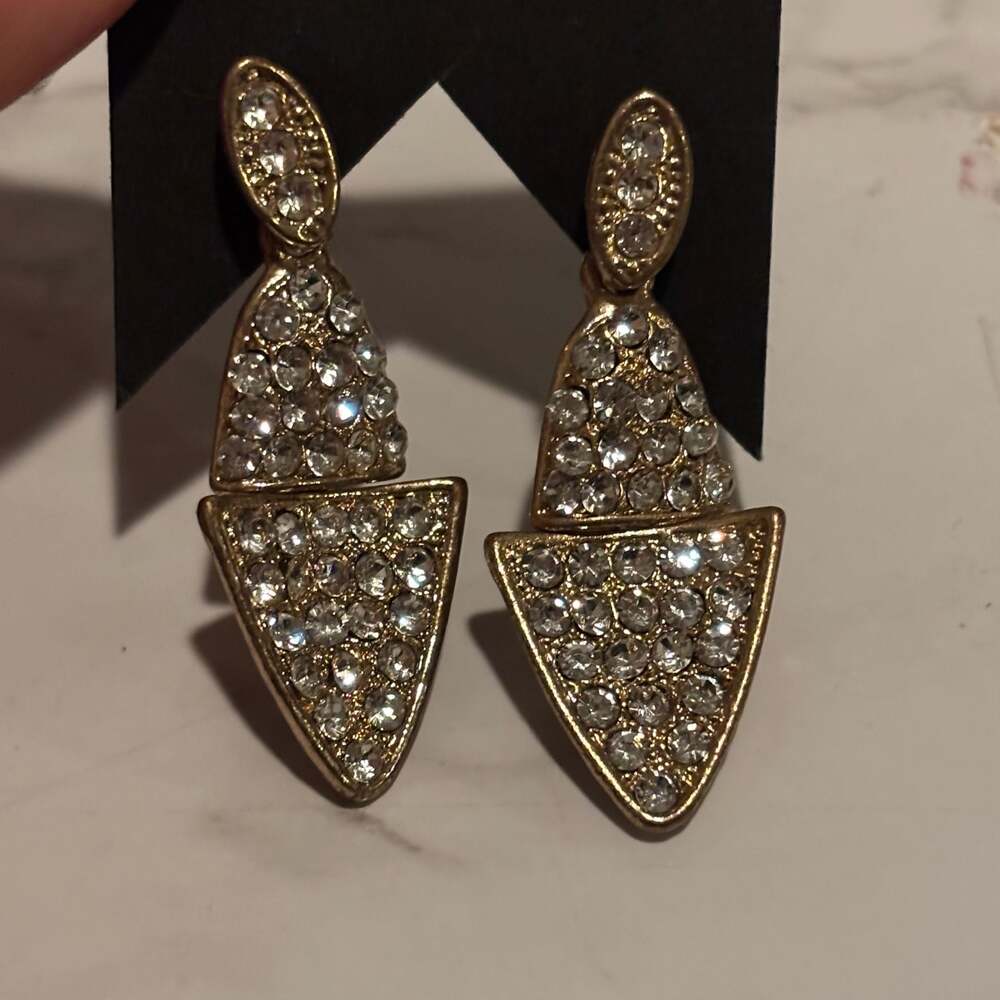 Gold-Tone Geometric Double Triangle Drop Earrings with Pavé Crystals - Picture 12 of 12